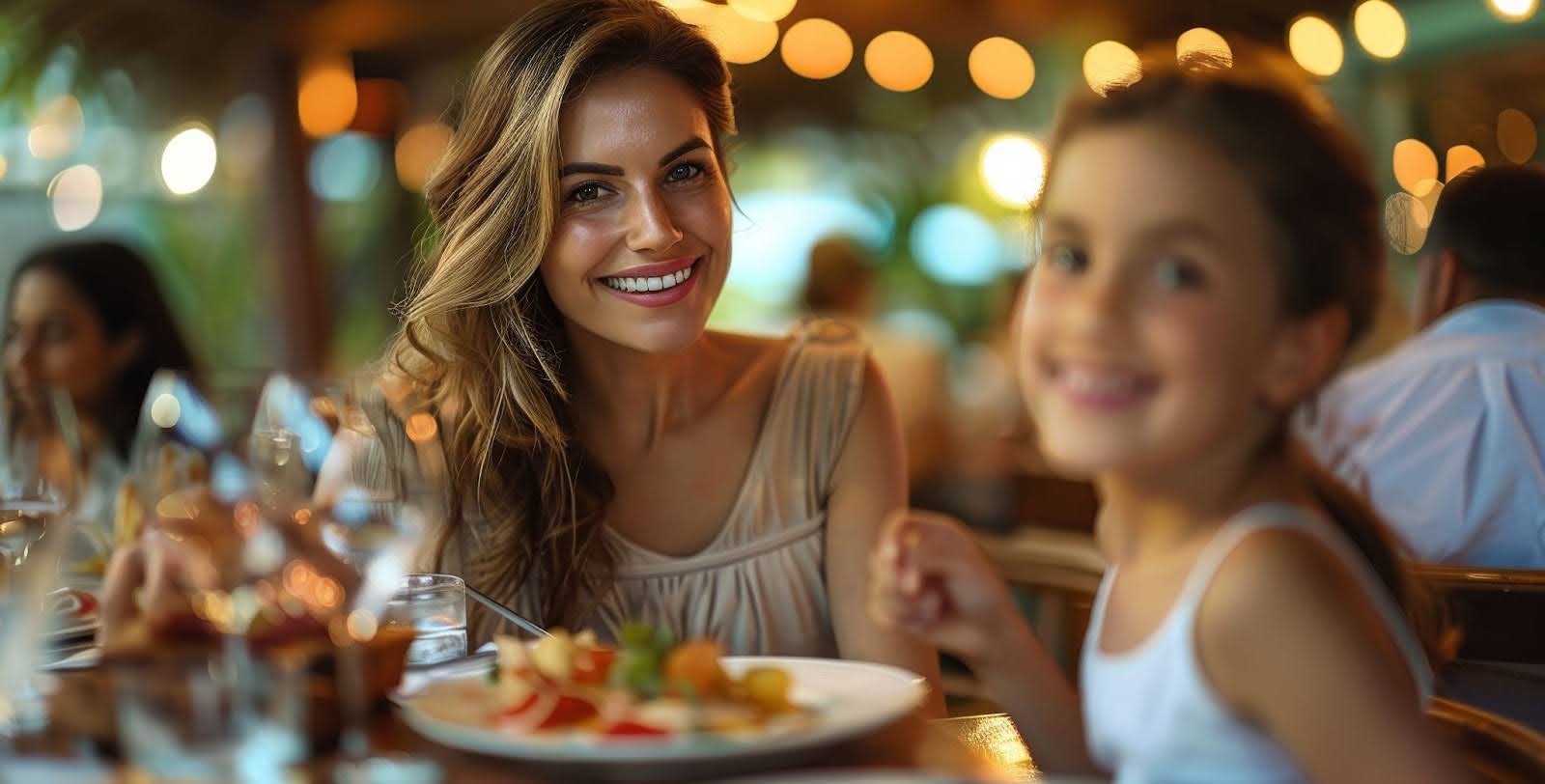 Mom and daughter enjoying a meal