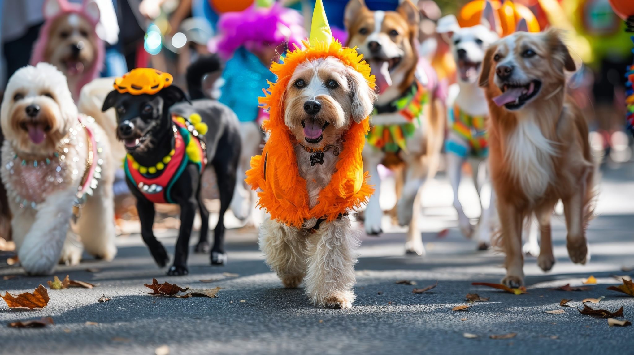 A parade of dogs in adorable Halloween costumes, walking down the street in a New York City suburb