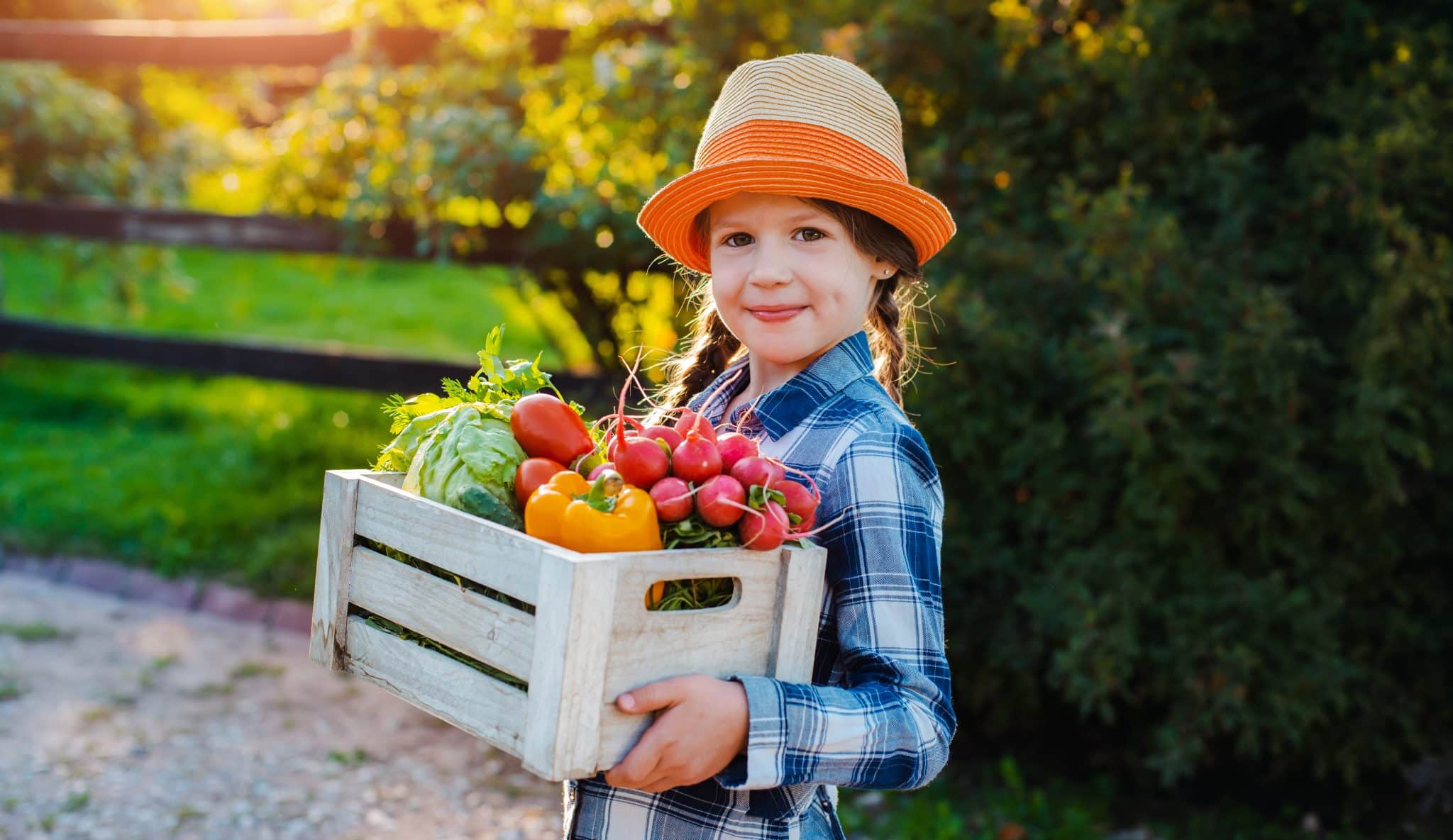 Girl holding basket fresh organic vegetables