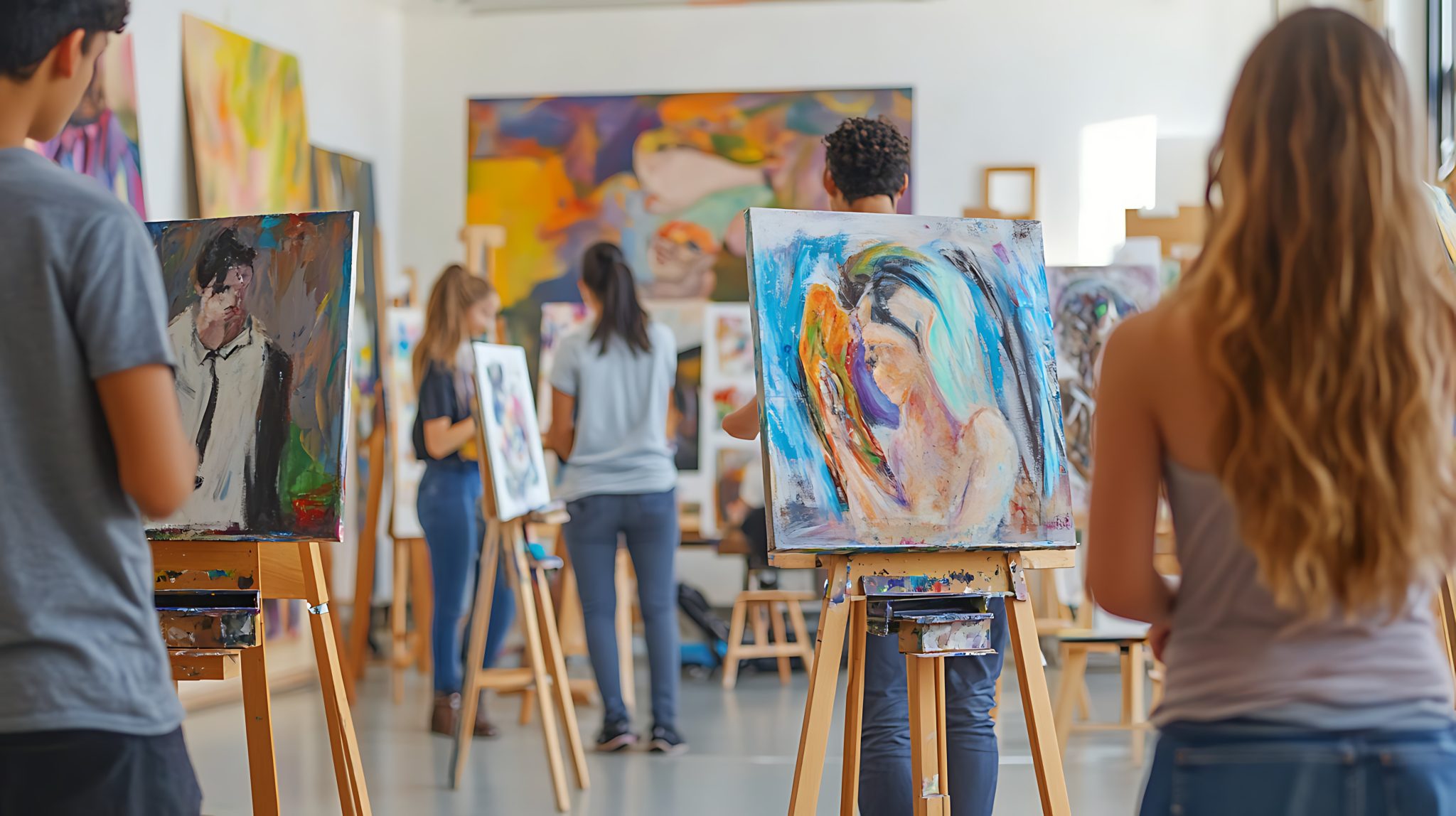 A vibrant art class with students painting and drawing on easels.