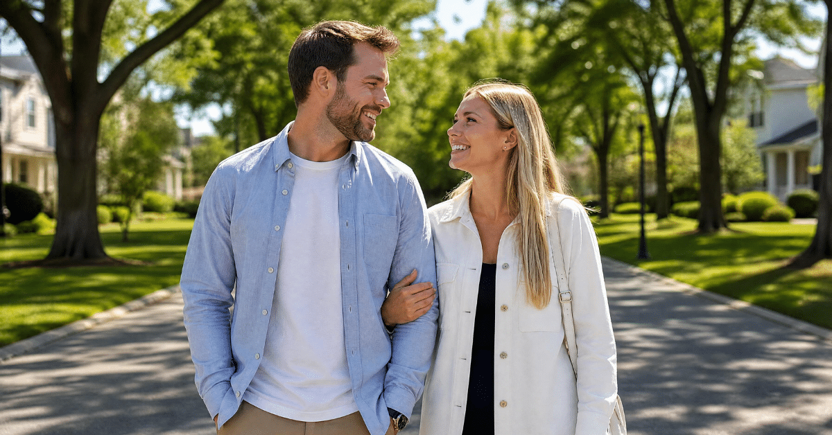 What You’ll Learn on Your First Town Tour | Suburban Jungle Couple exploring a quiet suburban neighborhood during a town tour with Suburban Jungle.