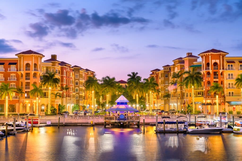 Naples, Florida, USA downtown skyline at dusk.