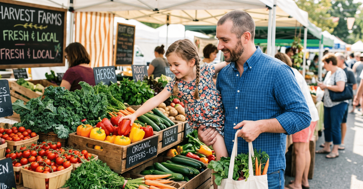 Westchester County Farmers Markets Father and daughter shopping for fresh produce at a farmers market in Westchester County.