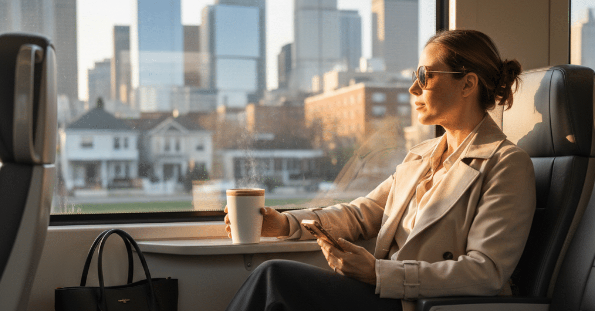 NJ to NYC Train Commute Woman commuting from New Jersey to NYC by train, holding coffee and phone while looking at Manhattan skyline.