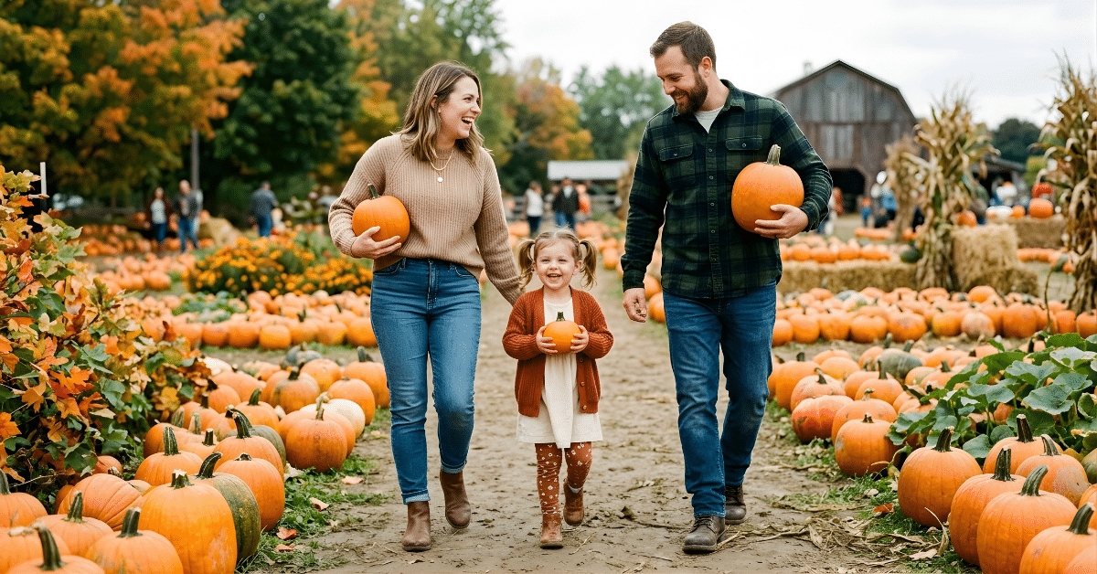 Family at a Long Island Pumpkin Patch Family walking through a Long Island pumpkin patch with pumpkins in the fall