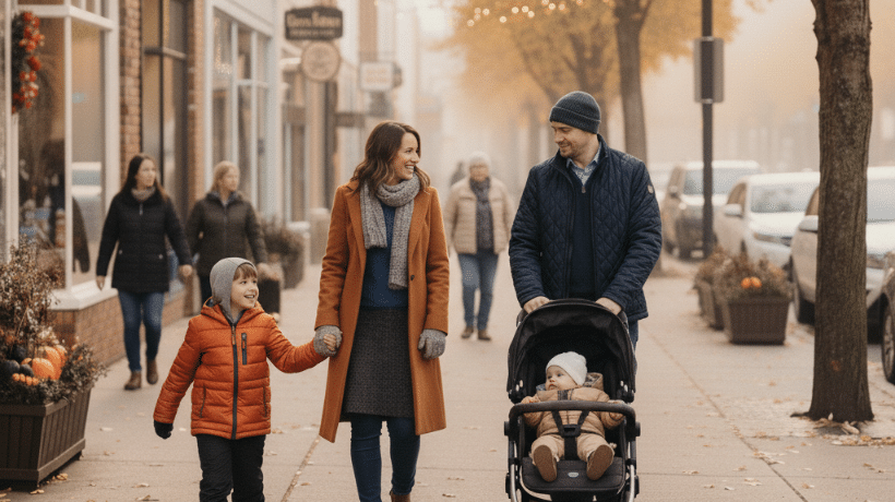 Family walking through a downtown street in the suburbs during the holidays