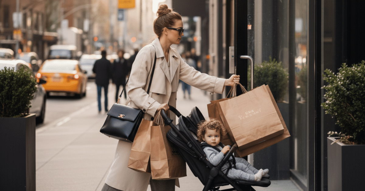 City Mom Shopping with Stroller on Busy Street NYC mom pushing stroller while carrying shopping bags on a busy city street