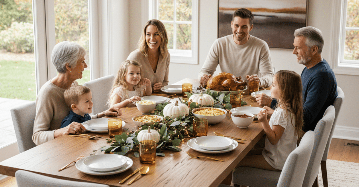Family gathered around a Thanksgiving table sharing a holiday meal together