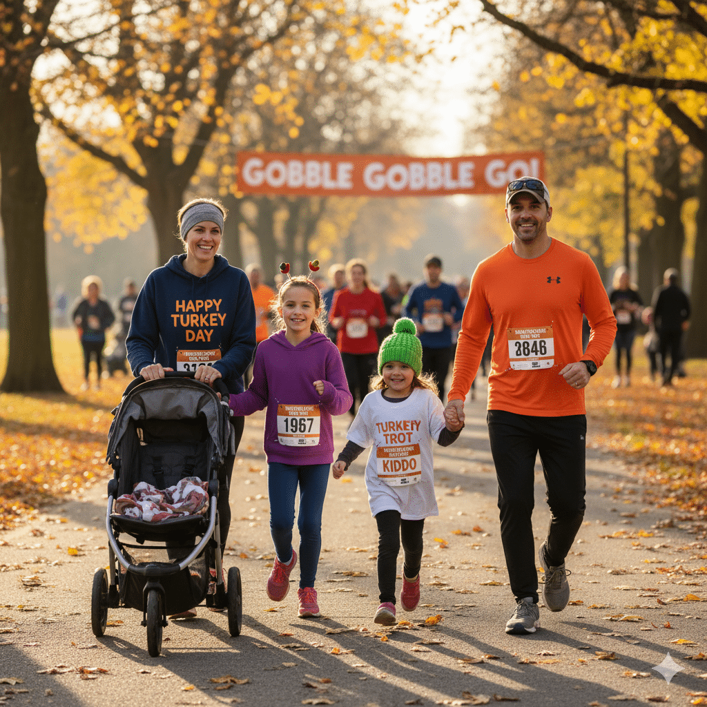 Family running a Thanksgiving turkey trot race with fall leaves and a “Gobble Gobble Go!” banner in the background