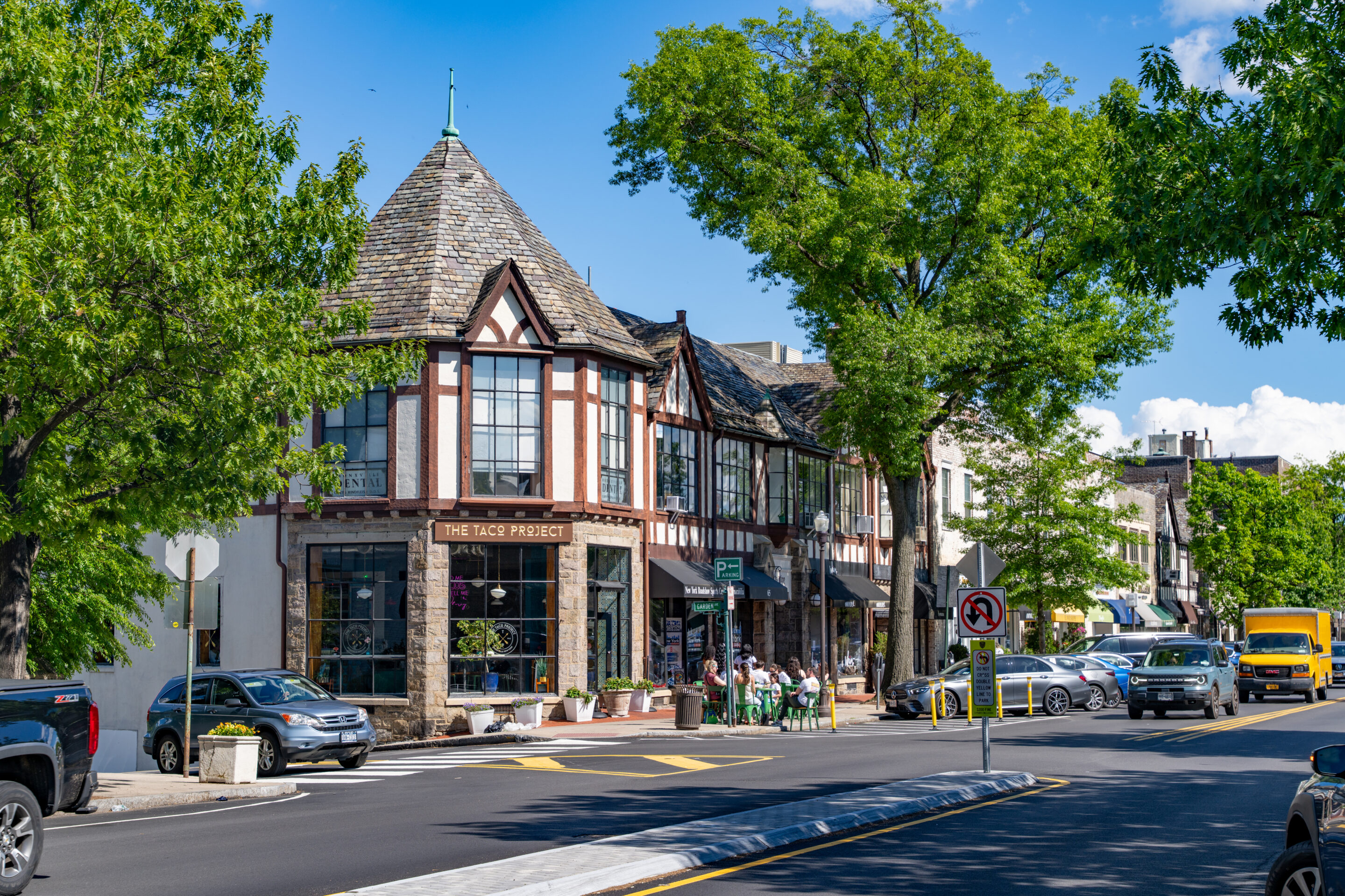 Downtown Bronxville Village, New York Downtown Bronxville, NY with tree-lined streets, local shops, and a walkable village center