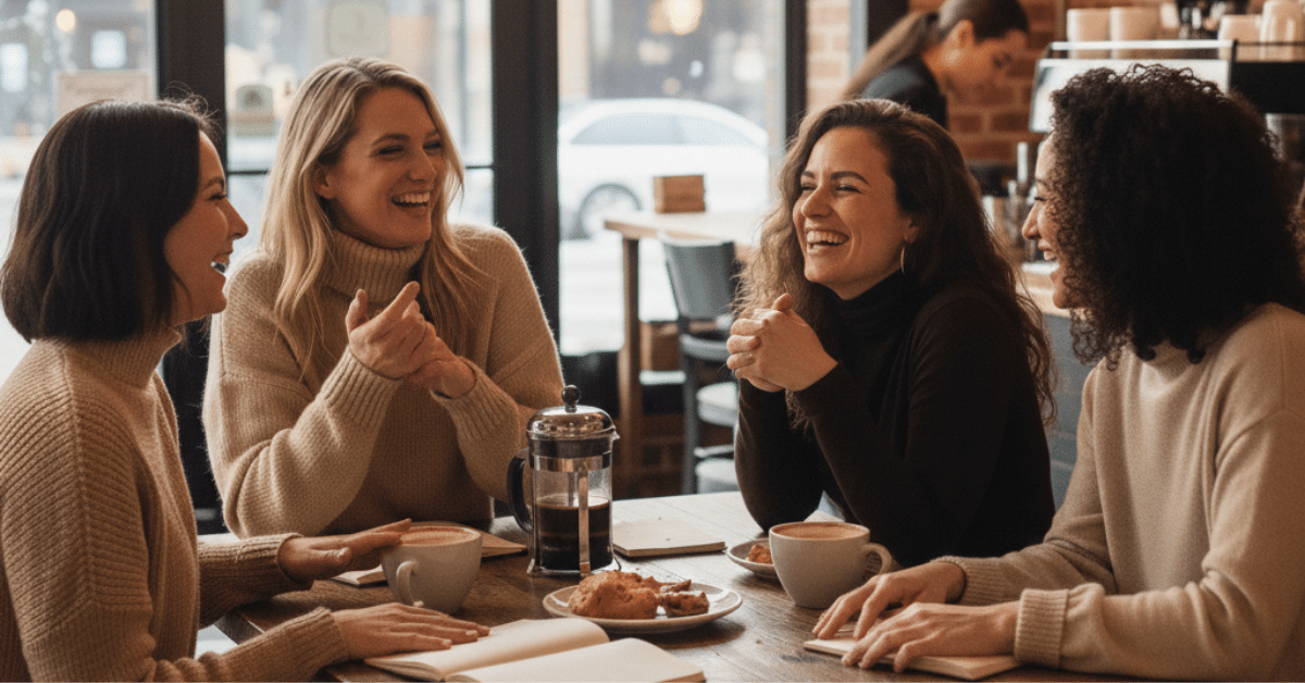 North Shore Long Island Coffee Shop Meet-Up Four women laughing together at a coffee shop on Long Island’s North Shore.