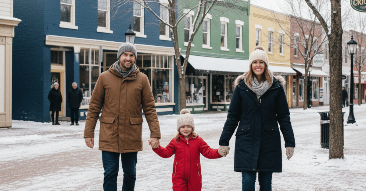 Preparing for a 2026 Move Starts Earlier Than You Think Family walking through a colorful suburban downtown in winter, representing early spring market prep for a 2026 move