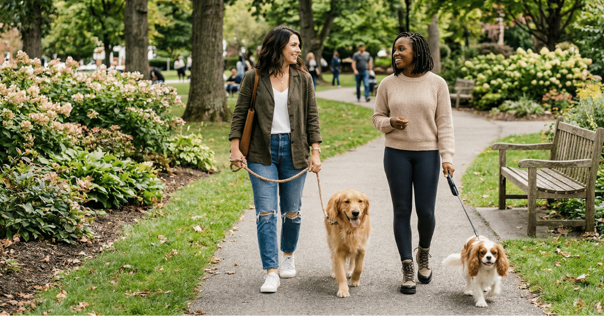 Dog Walking in a Suburban Park Two women walking their dogs along a tree-lined path in a suburban park