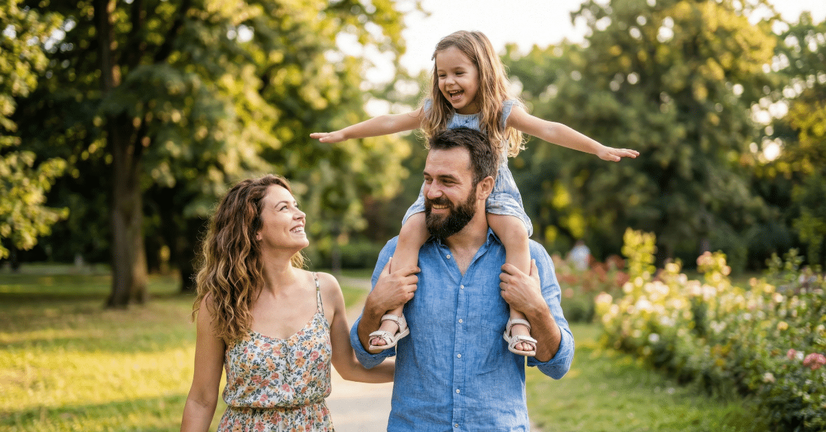 Family Exploring a Suburban Park Family walking together in a park with a child on a parent’s shoulders
