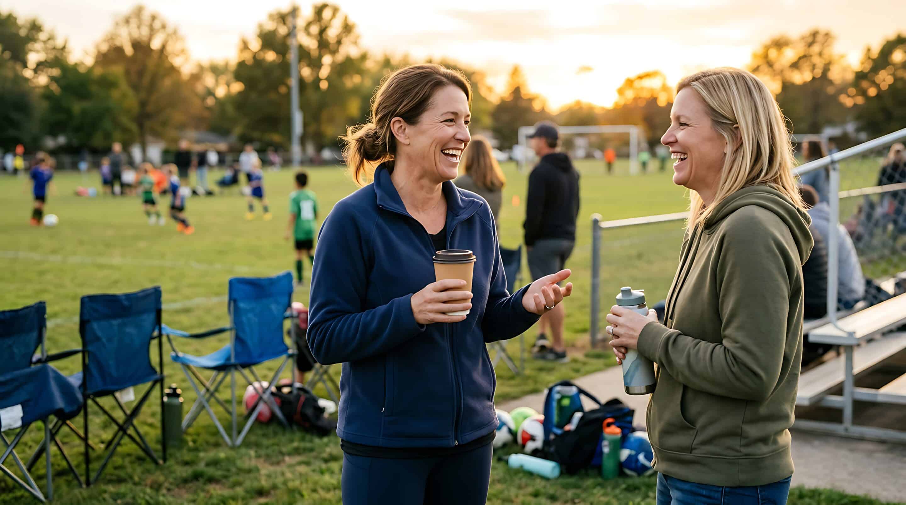 Parents Socializing at a Suburban Soccer Field Two moms chatting and laughing on the sidelines during a youth soccer game in the suburbs