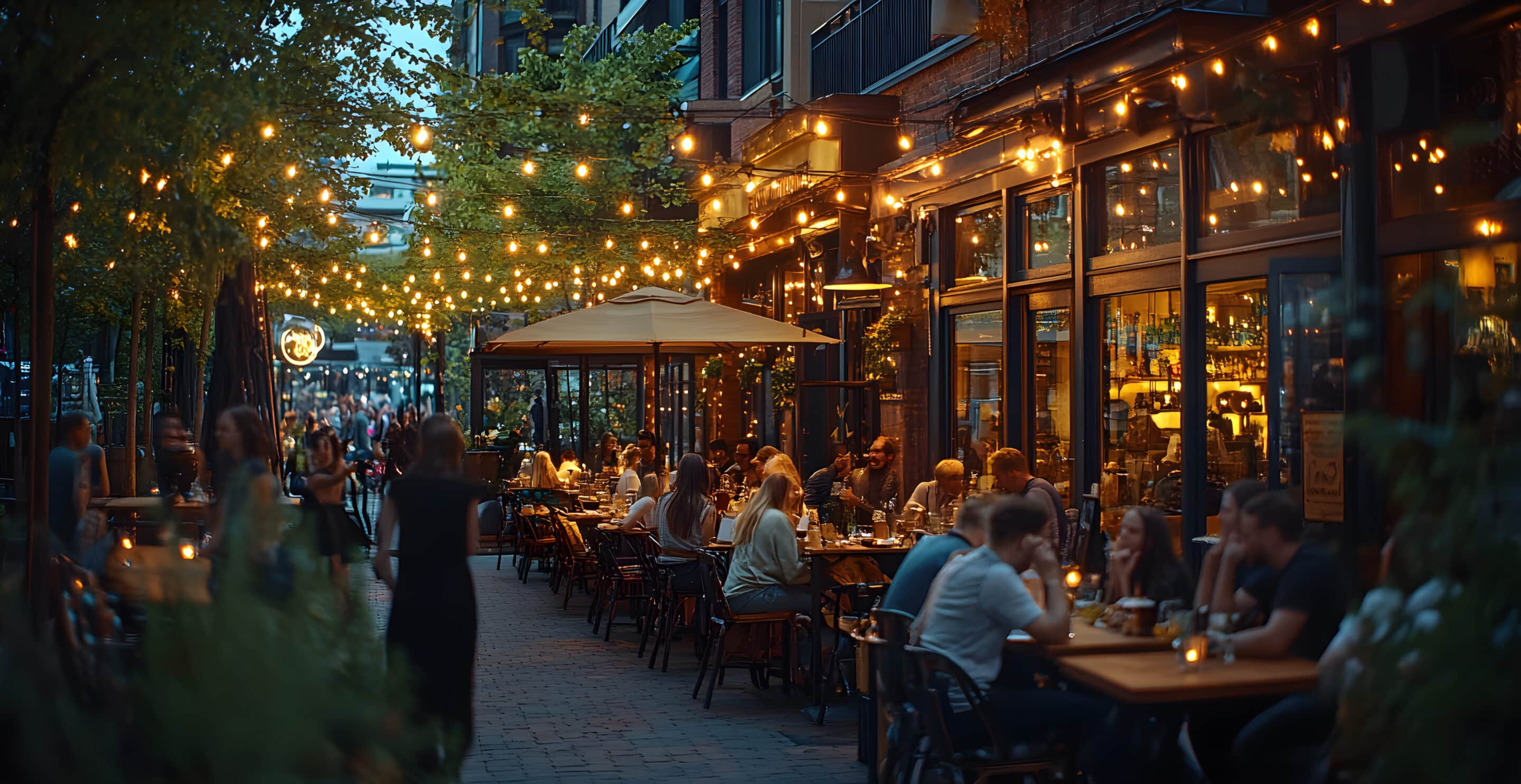 Outdoor Dining in New Jersey Outdoor dining at restaurants in a lively New Jersey downtown on a summer evening