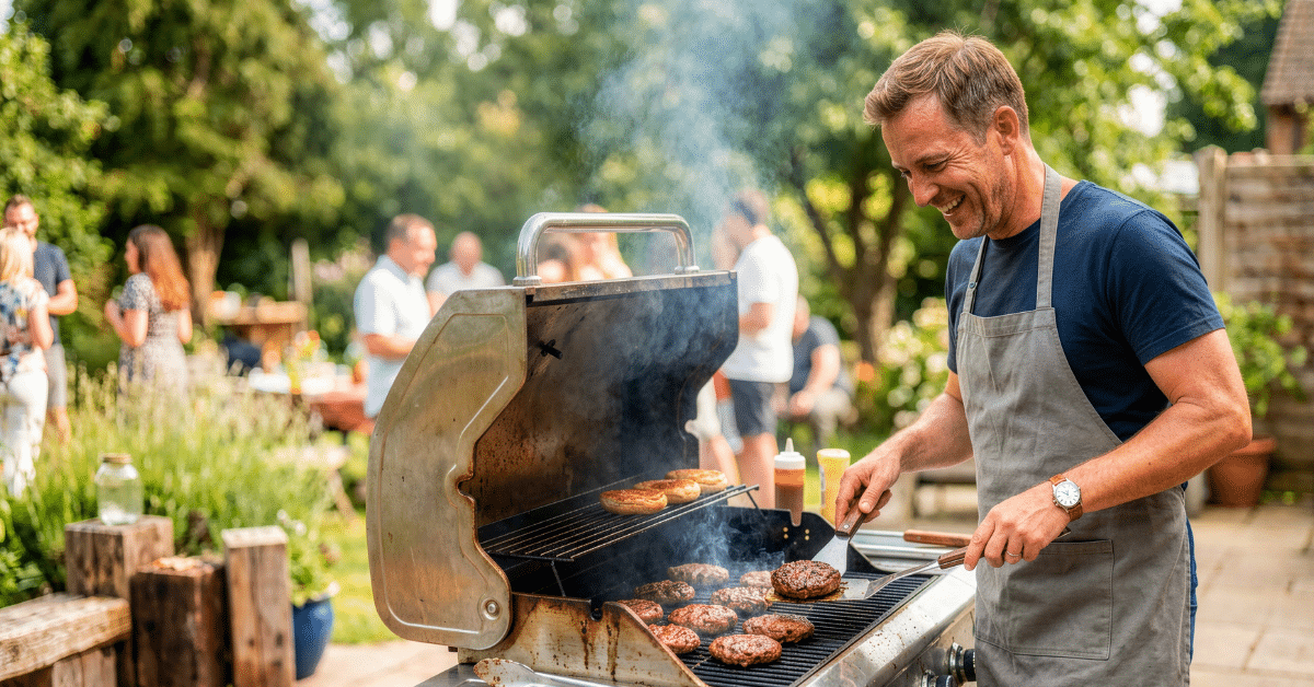 Father’s Day BBQ in the Suburbs Father grilling burgers in a suburban backyard while family and friends gather outdoors for a Father's Day celebration
