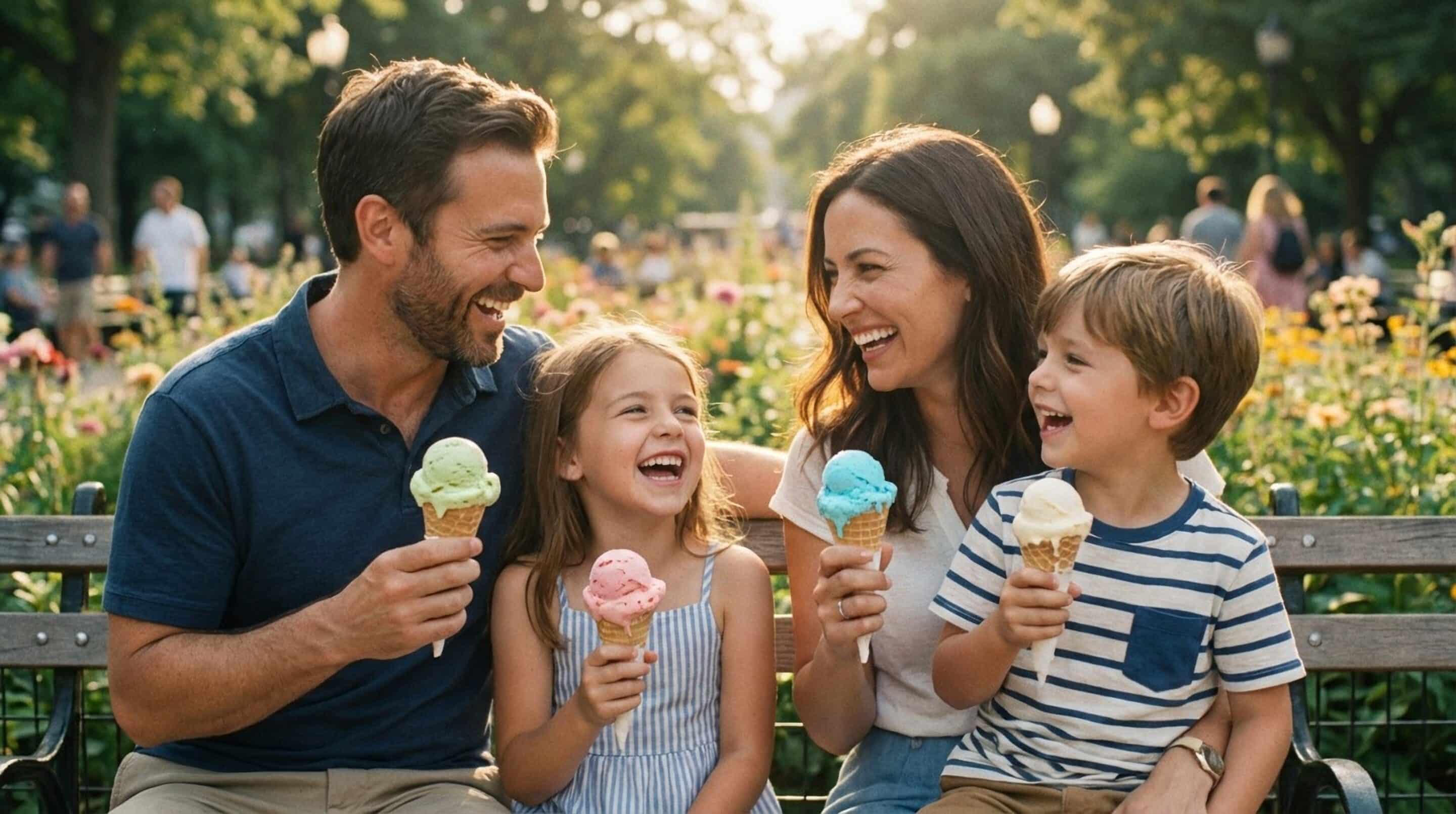 Summer Ice Cream Tradition in New Jersey Suburbs Family enjoying ice cream cones together on a park bench during a summer afternoon