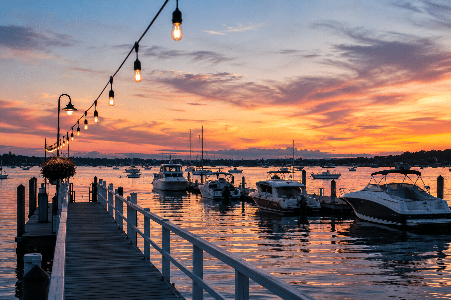 Summer Sunset in Port Washington Harbor Sunset over Port Washington Harbor with boats on the water and waterfront views on a summer evening