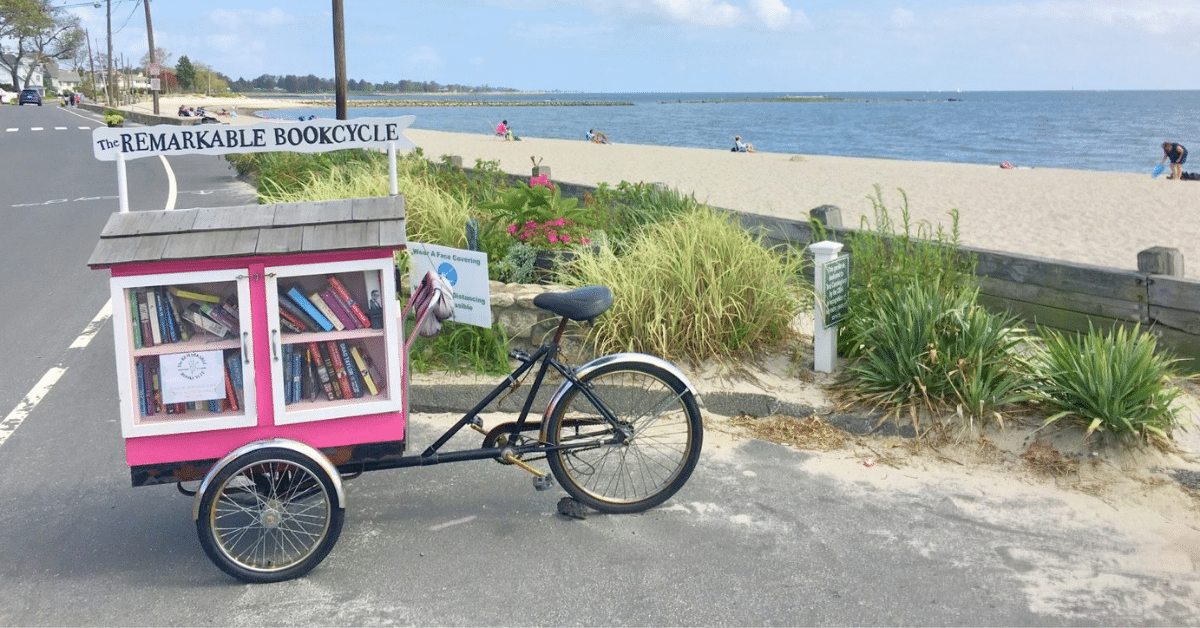 The Remarkable Bookcycle at Compo Beach The Remarkable Bookcycle sits along the shoreline near Compo Beach in Westport, Connecticut.