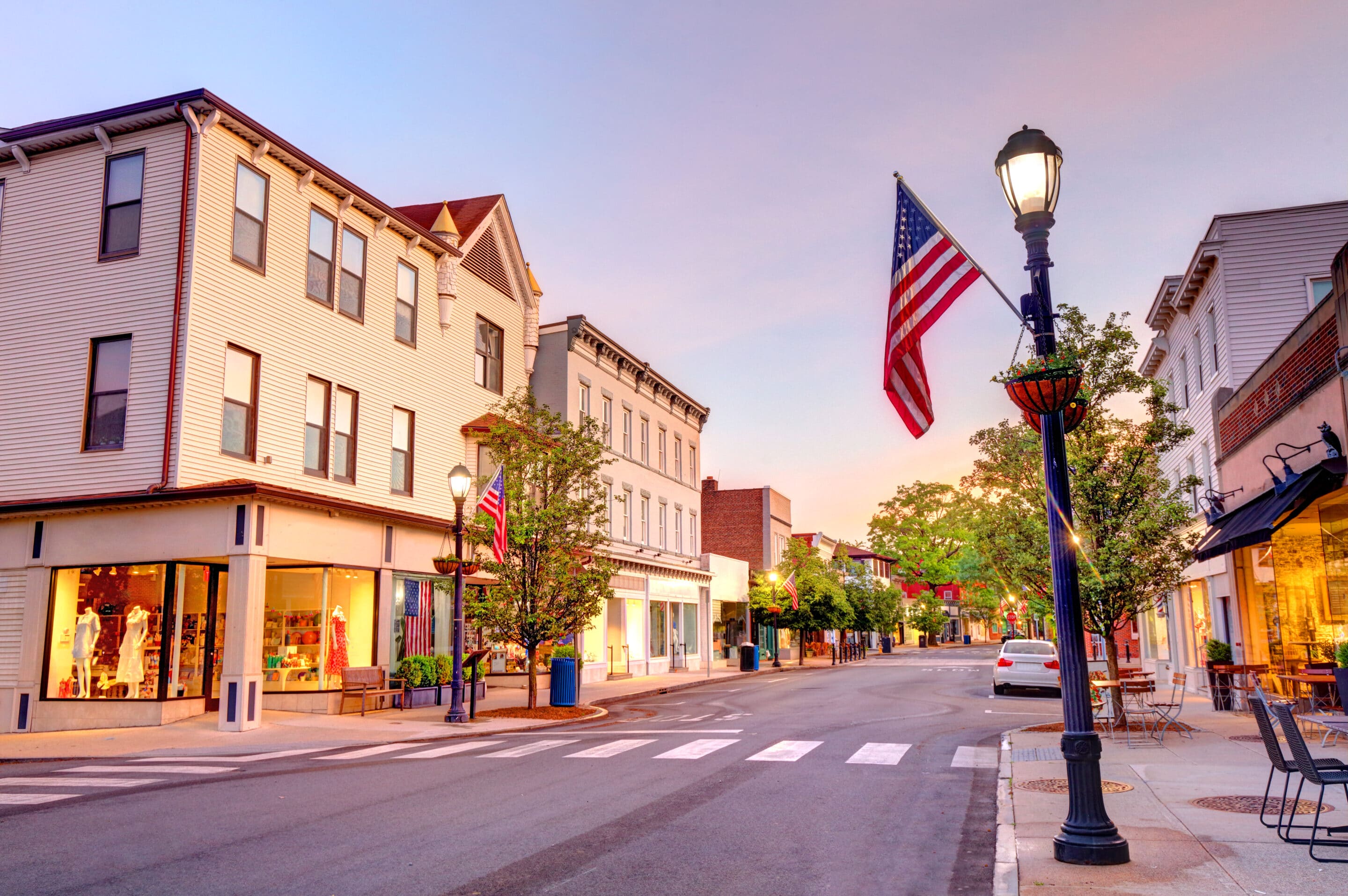 Downtown Rye, NY Downtown Rye, NY at sunset with shops, restaurants, and tree-lined streets