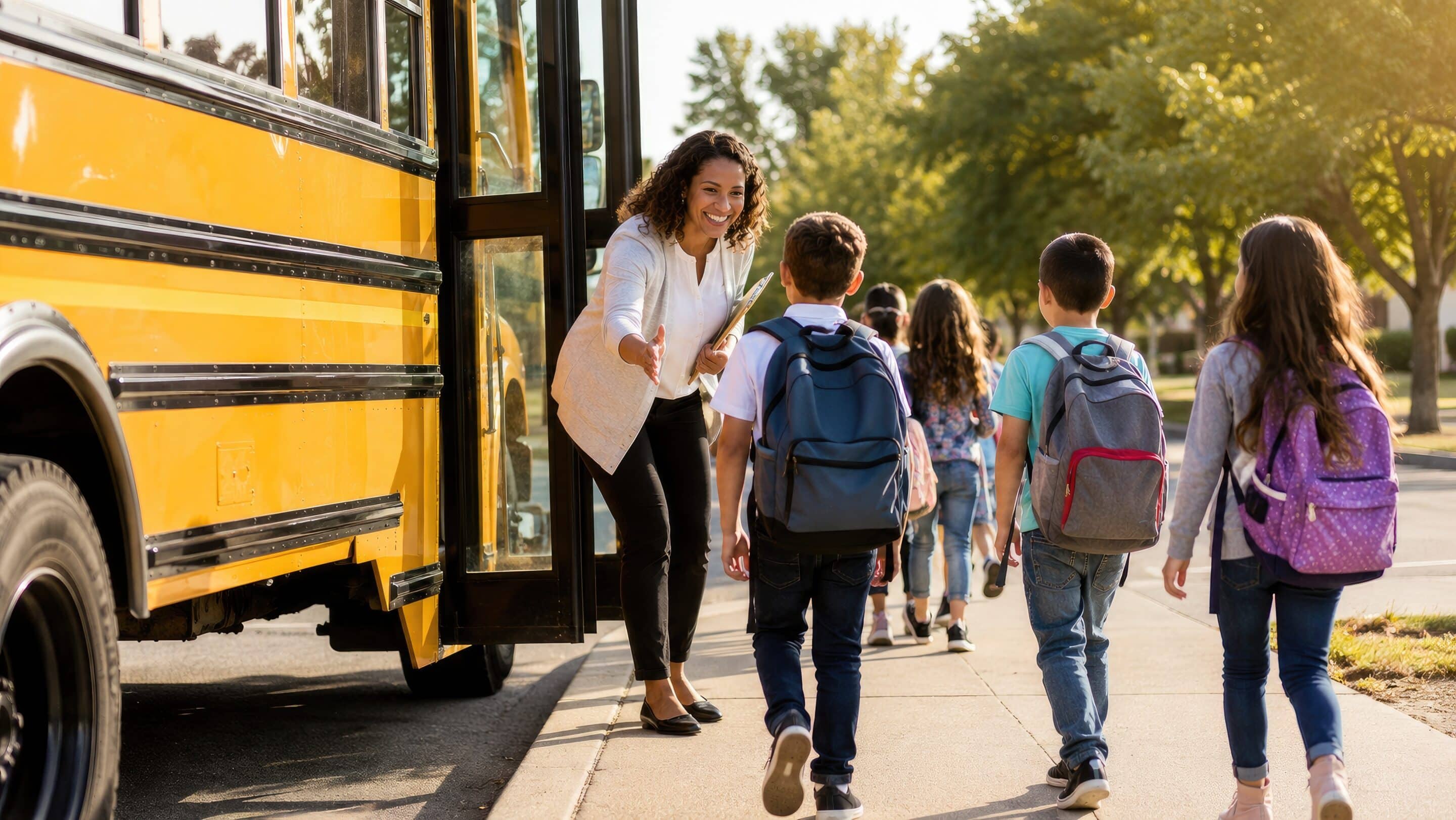 Helping Kids Adjust After a Mid-Year Move Teacher greeting elementary school students as they step off a school bus during the school day.
