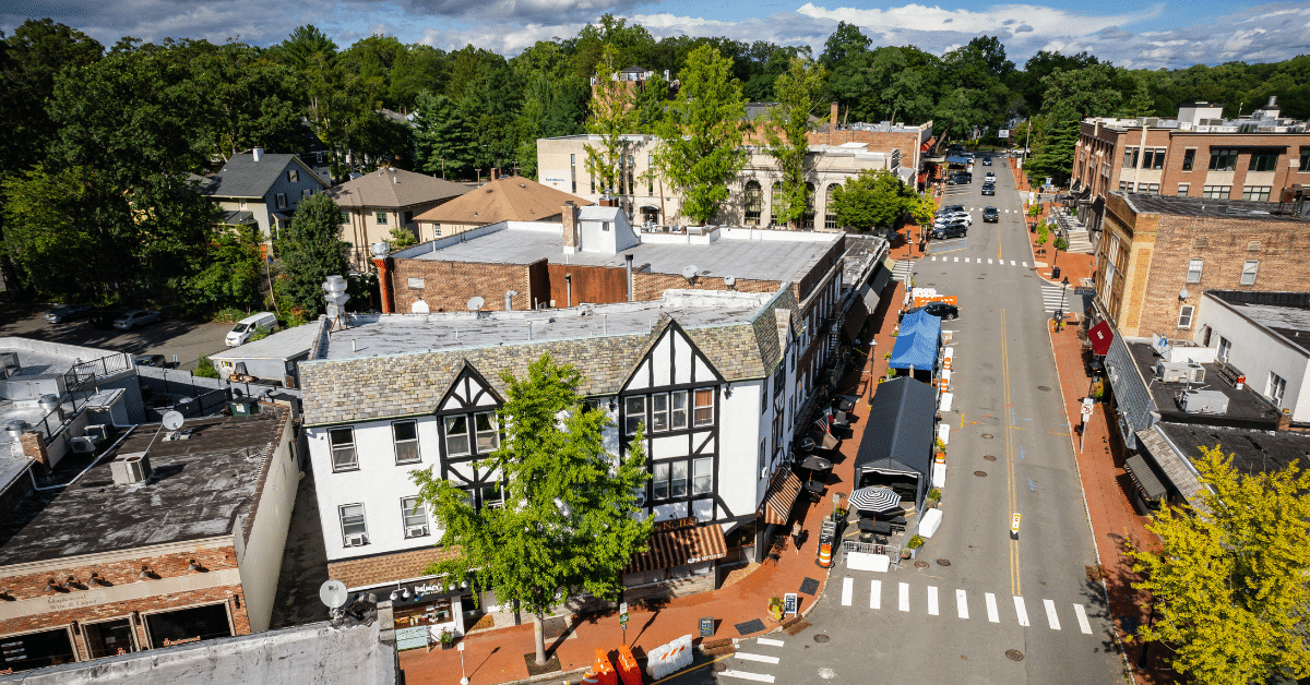 Aerial View of Maplewood Village in Maplewood, NJ Aerial view of Maplewood Village in Maplewood, NJ, featuring its walkable downtown, local businesses, restaurants, and tree-lined streets.