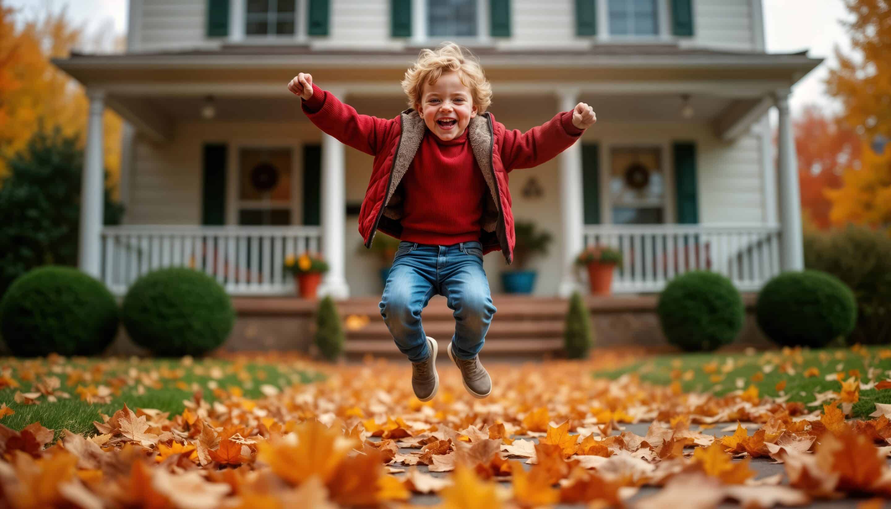 Buying a Home in the Fall Child jumping in fall leaves outside a suburban home
